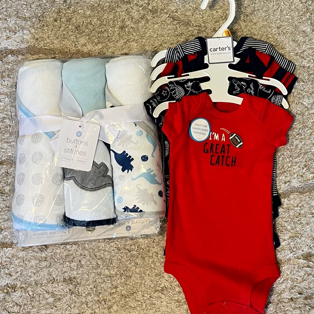 Carter's Red Bodysuit and Dinosaur Blanket Bundle